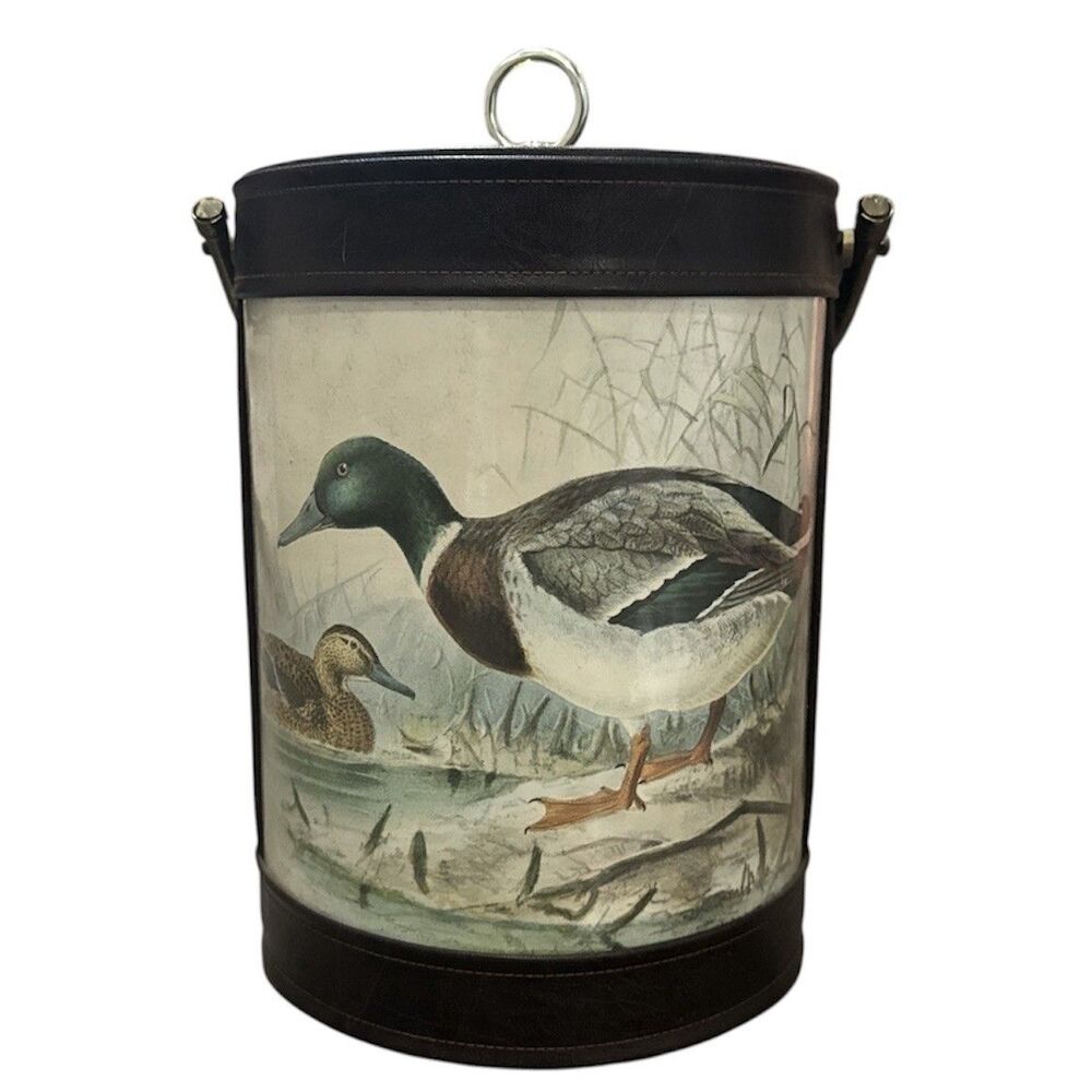 Vintage Mallard Duck Ice Bucket Faux Leather Hunting Lodge Cabin Barware Cottage